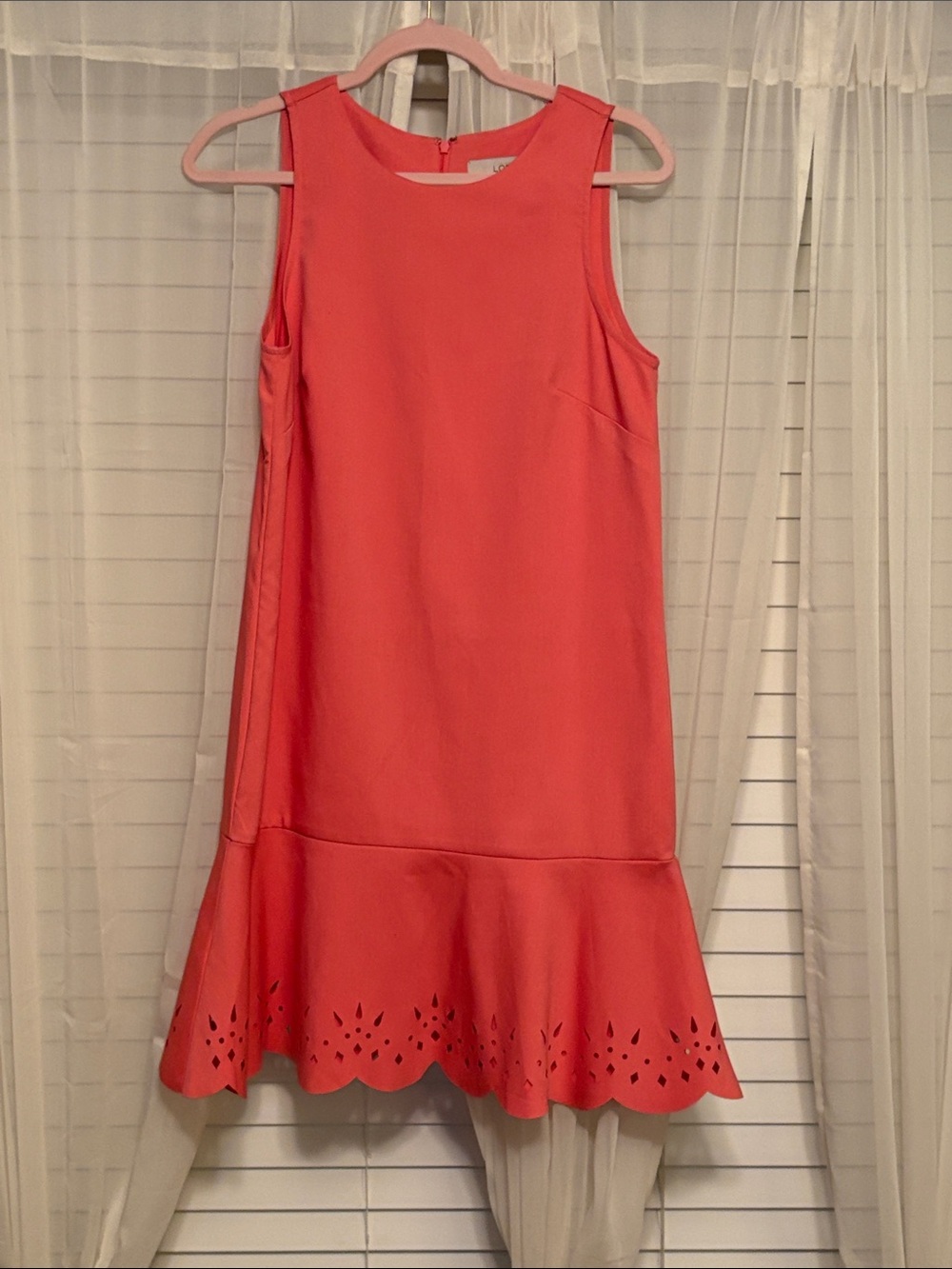 LOFT Coral Sleeveless Shift Dress with Laser-Cut Flounce